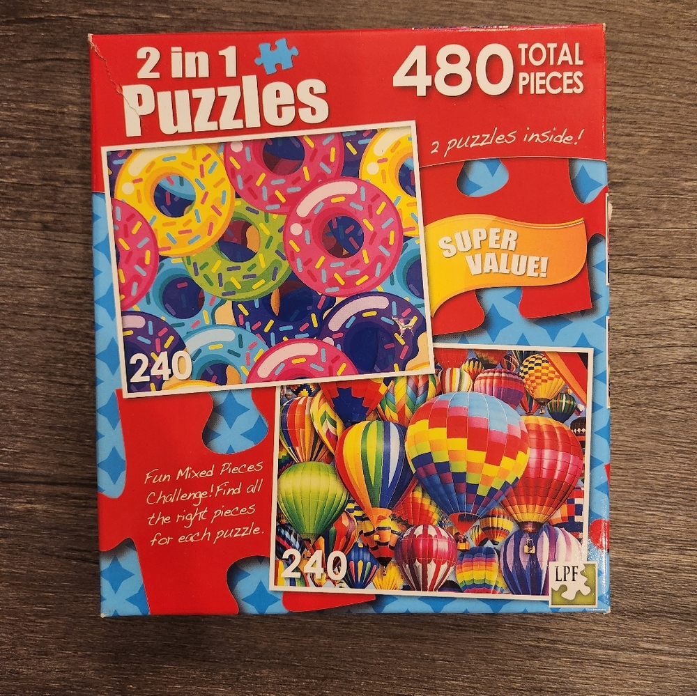 2 in 1 Puzzle Set - Colorful Donuts and Hot Air Balloons